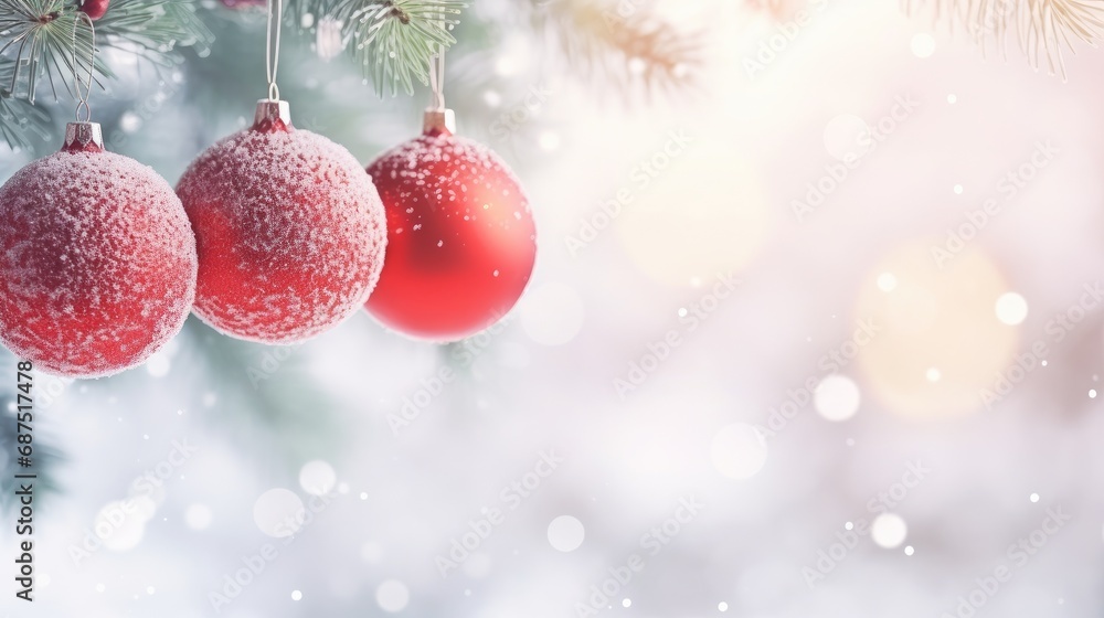 Festive Winter Holidays: Christmas and New Year Concept with Balls on Snowy Fir Branches Festive Winter Holidays: Christmas and New Year Concept with Balls on Snowy Fir Branches