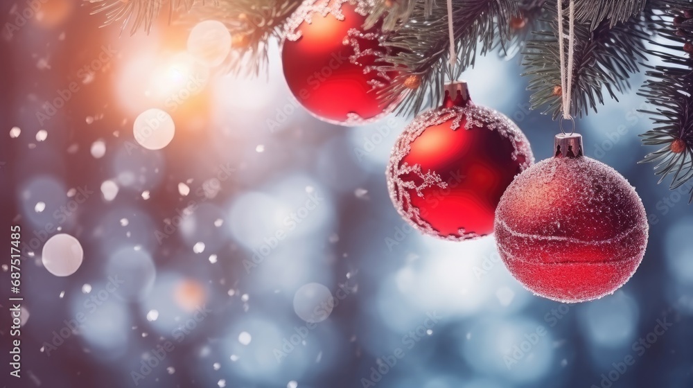 Festive Winter Holidays: Christmas and New Year Concept with Balls on Snowy Fir Branches Festive Winter Holidays: Christmas and New Year Concept with Balls on Snowy Fir Branches