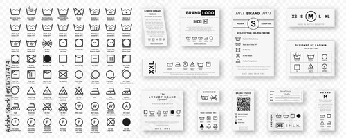 Laundry label collection with care symbols and washing instructions. Laundry care tags with washing, drying, bleaching, ironing and cleaning information. Vector photo