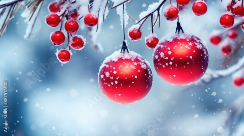 Festive Winter Holidays  Christmas and New Year Concept with Balls on Snowy Fir Branches