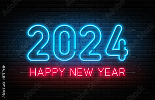 Happy New Year 2024. New Year 2024 and Christmas neon signboard with glowing text and numbers. Neon light effect for background, web banner, poster and greeting card. Vector