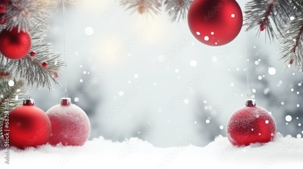 Festive Winter Holidays: Christmas and New Year Concept with Balls on Snowy Fir Branches Festive Winter Holidays: Christmas and New Year Concept with Balls on Snowy Fir Branches