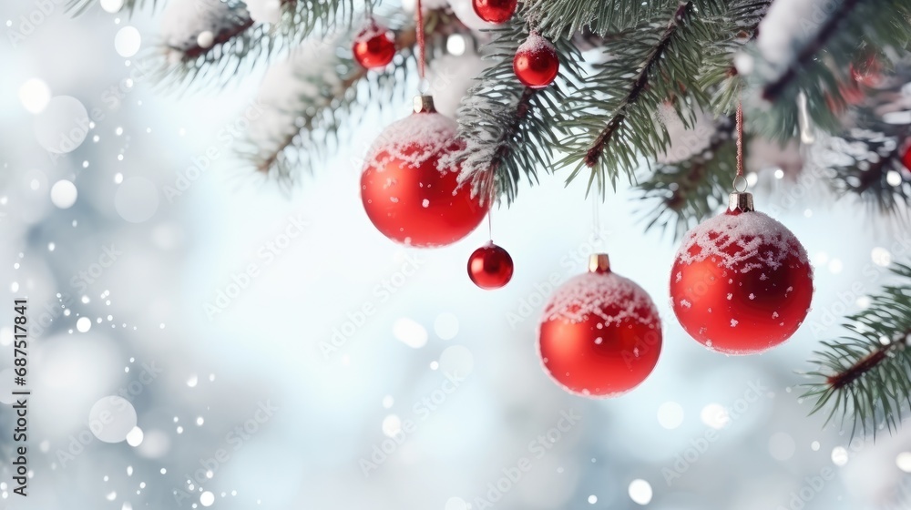 Festive Winter Holidays: Christmas and New Year Concept with Balls on Snowy Fir Branches Festive Winter Holidays: Christmas and New Year Concept with Balls on Snowy Fir Branches