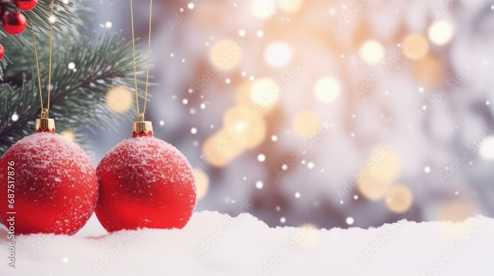 Festive Winter Holidays: Christmas and New Year Concept with Balls on Snowy Fir Branches