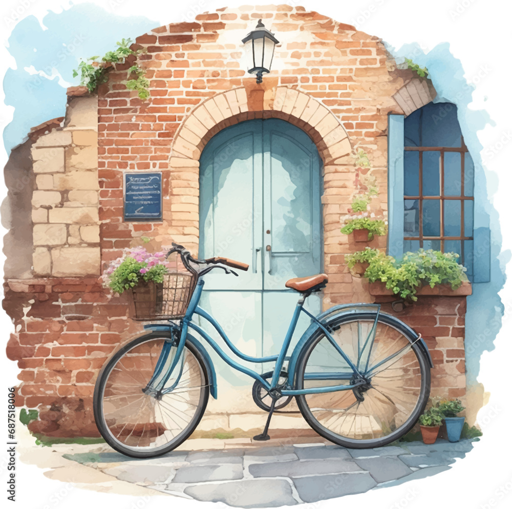 Bicycle parked by the door with brickwall