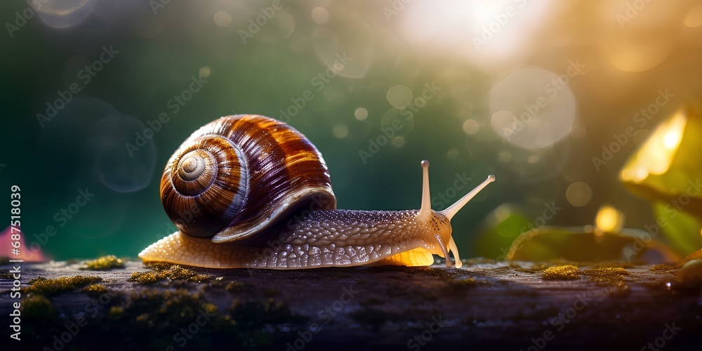 Snail crawling along a tree trunk in the forest. - obrazy, fototapety, plakaty 