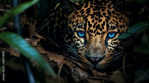 Camouflage male jaguar lurking in forest blue eyes. generative ai