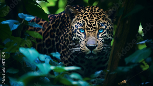 Camouflage male jaguar lurking in forest blue eyes. generative ai