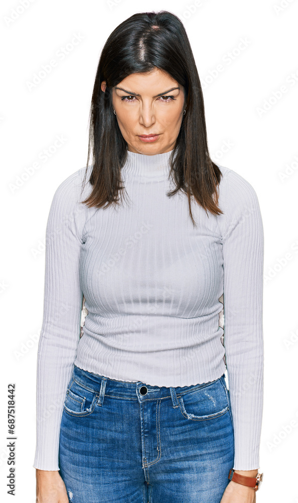 Obraz premium Beautiful brunette woman wearing casual clothes skeptic and nervous, frowning upset because of problem. negative person.