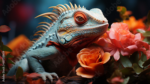 Chameleon on the flower. Beautiful extreme close-up. generative ai