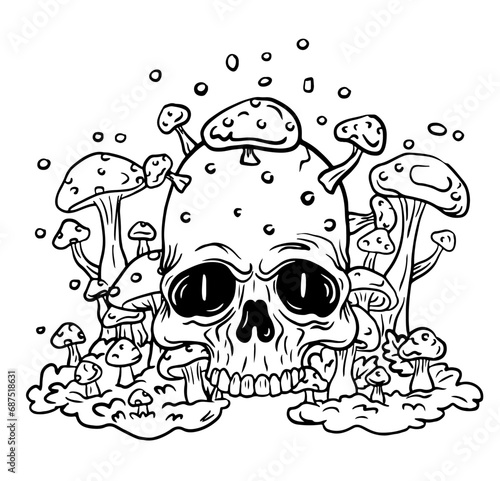 Scary skull mushroom hand drawn vector coloring page adult. Trendy design to print. Poster, tattoo idea, t-shirt print, sticker, logo design template