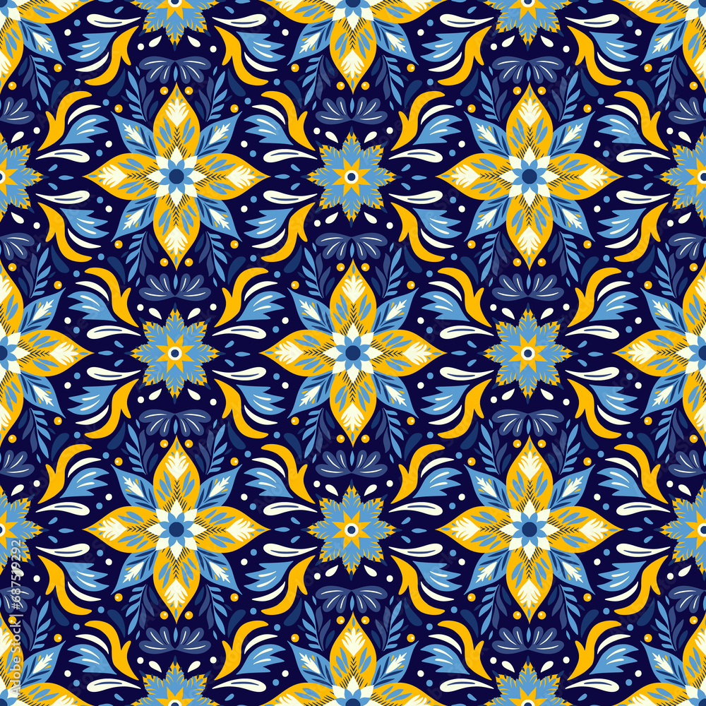 Nordic Christmas folk taspetry seamless floral pattern with blue, yellow, Scandinavian motif on a dark background Nordic Christmas folk taspetry seamless floral pattern with blue, yellow, Scandinavian motif on a dark background
