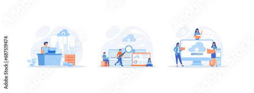 Storage and cloud server service, business technology cloud computing service, modern technology and digital world. cloud computing set flat vector modern illustration