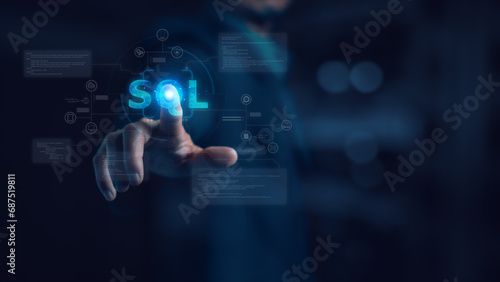 Developer showing SQL or Structured Query Language for accessing and manipulating databases.SQL programming language concept, Computer courses, Training, Learning, Database Backup, DBMS, DBA. photo