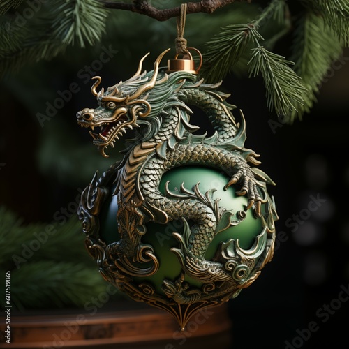 A green dragon in the form of a Christmas tree toy hangs from the branch of a Christmas tree. 2024 is the Year of the Dragon according to the Chinese (Eastern) calendar. AI created photo-like image.