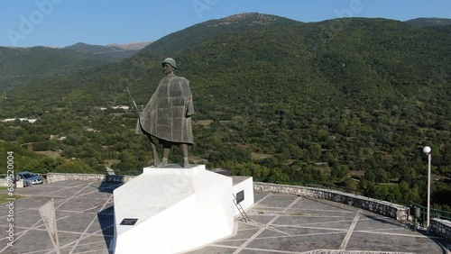 Ioannina Greece. aerial view of greek warrior monument of world war 2 on top of the hill, statue Of greek fighter close to monastery vellas, konitsa Wednesday, photo