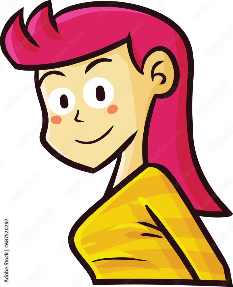 Funny long red hair woman with orange shirt smiling cartoon illustration Funny long red hair woman with orange shirt smiling cartoon illustration
