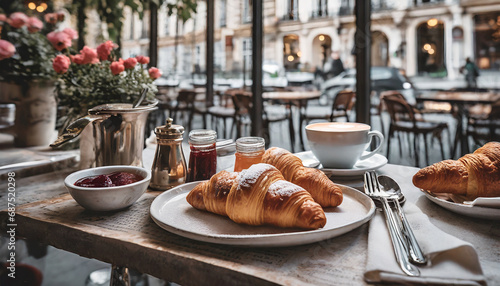 Petit déjeuner continental sur une terrasse de bistro parisien. photo