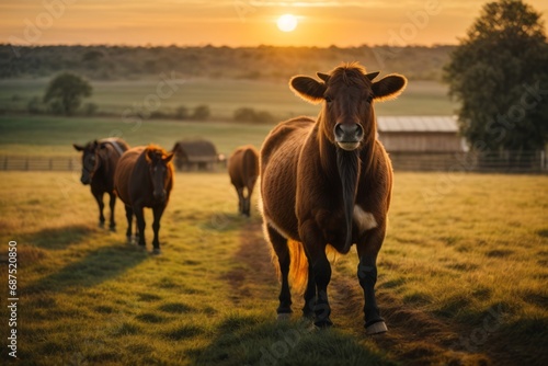 Cows and bulls on a farm at sunset. Pets, agriculture, barn concepts.