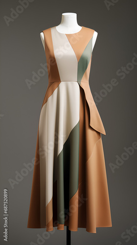 technical pattern blocks of a ligth brown, beige and green gabardine fabric, modest dress sleevesless
