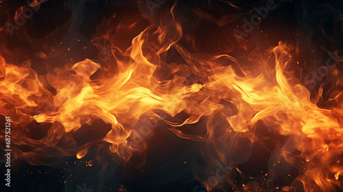 Intense Realistic Fire Flame on Black Background - Dramatic Burning Ember with Dynamic Sparks, Perfect for Explosive Energy Concepts and Fiery Designs.