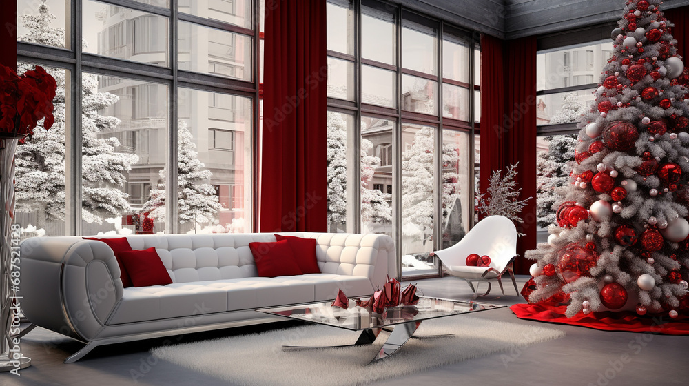 Fototapeta premium Realistic illustration of a modern elegant apartment in monochrome colors, and a beautiful Christmas tree. Large windows with a beautiful view.