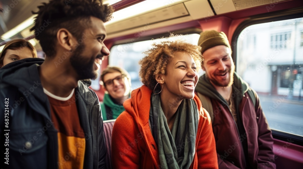 Group of friends sharing a laugh on a city tram with sunlight streaming through the window, highlighting their cheerful expressions.