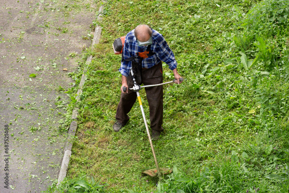 The gardener cuts the grass with a hand-held electric lawn mower. The gardener cuts the grass with a hand-held electric lawn mower.