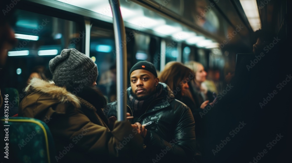 A young man in a beanie and leather jacket stands holding a pole on a crowded city bus, surrounded by other passengers.
