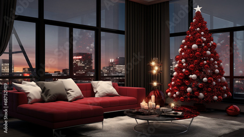 Realistic illustration of a modern elegant apartment in monochrome colors, and a beautiful Christmas tree. Large windows with a beautiful view.
