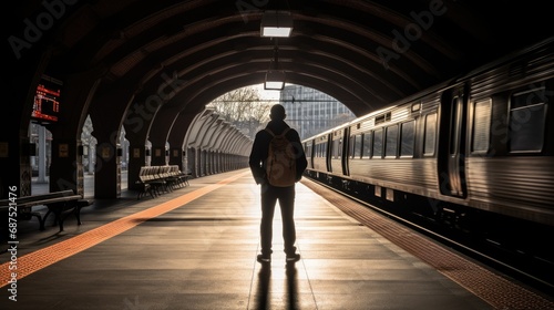 Backlit silhouette of a person standing on an empty train platform, with an approaching train and architectural details of the station visible.