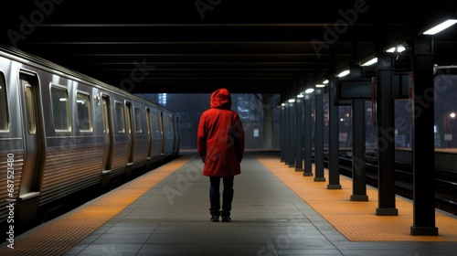 Individual in a red jacket standing alone on a train platform at night, with the glow of lights and a stationary train alongside.