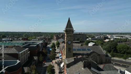 Preston, Lancashire, UK, September 06, 2023; Aerial clip of Fishergate high street shopping and over the town cityscape of Preston, Lancashire, England. photo