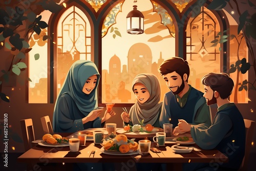 Ramadan Kareem with people celebrate at the table.