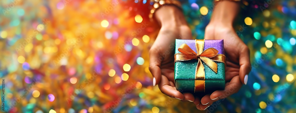 Hands presenting a gift box with a golden ribbon, against a bokeh background full of festive colors, evoking a sense of celebration and surprise