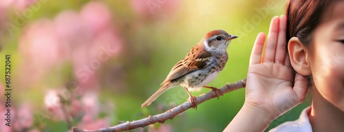 Close-up of a person cupping their ear next to a sparrow, representing the struggle of hearing loss and tinnitus photo