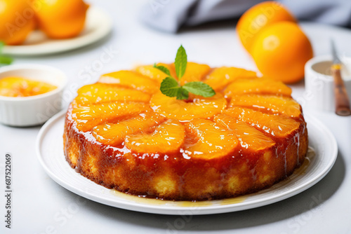 Homemade upside down mandarins cake on white table