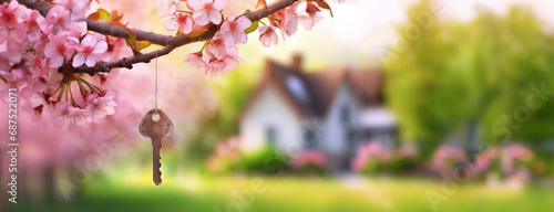 Key hangs on blooming spring tree against country house background. Cherry blossom in green garden landscape . Real estate, moving home or renting property concept. photo