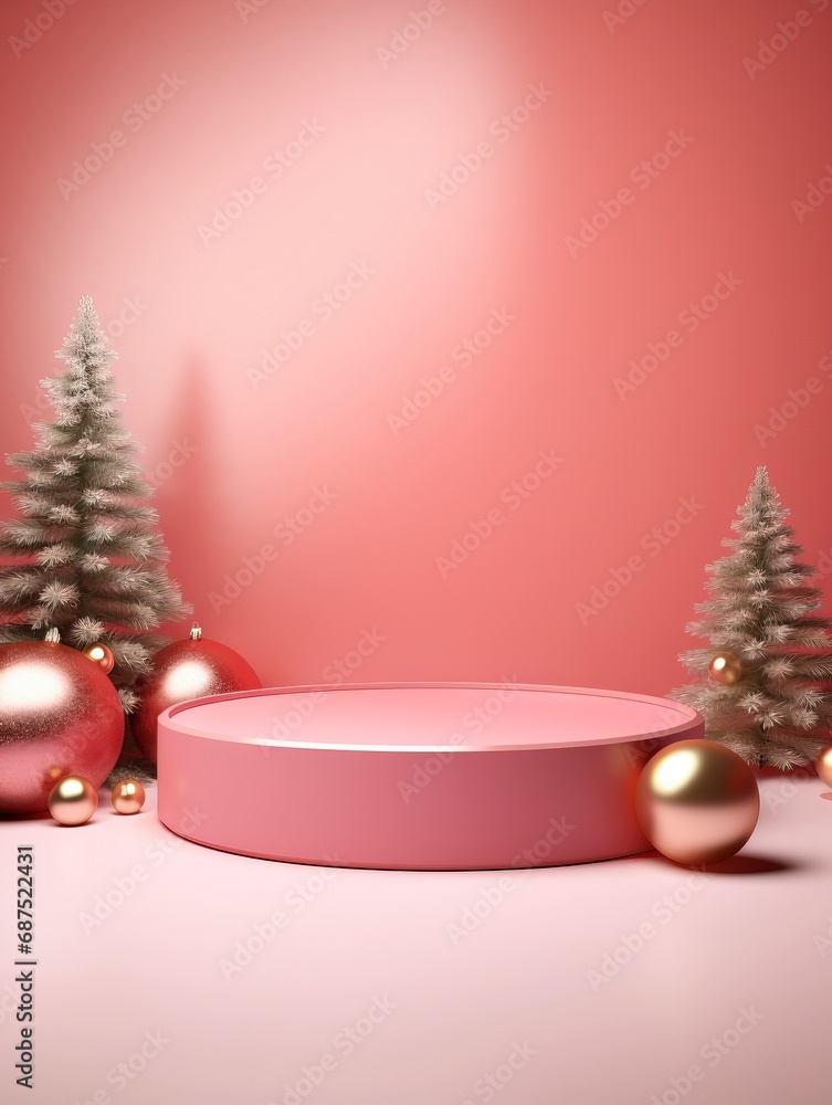 Elegant christmas and happy new year mock up scene. podium shape for show cosmetic product display. stage pedestal or platform , copy space, generative ai