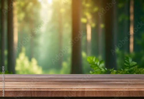 Gorgeous background image of a blurred boreal forest with a rustic wooden table that is empty for mockup