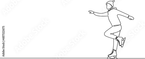 continuous single line drawing of person ice skating as leisure activity, line art vector illustration
