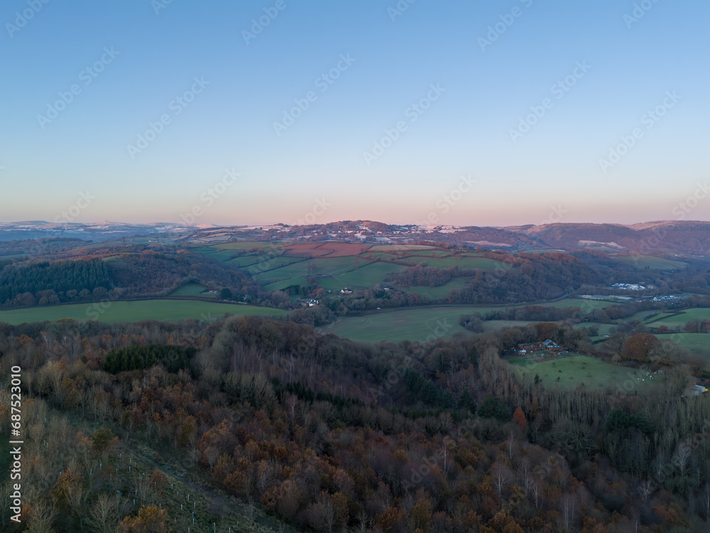 Drone view of hills in a snow in East Devon United Kingdom.