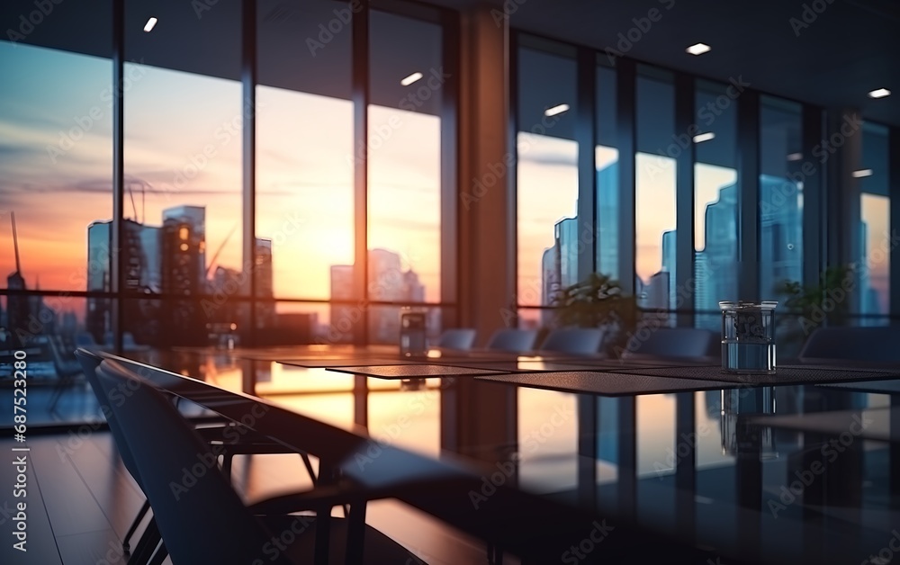 Blurred Panoramic City View with Beautiful Lighting from Modern Office Window