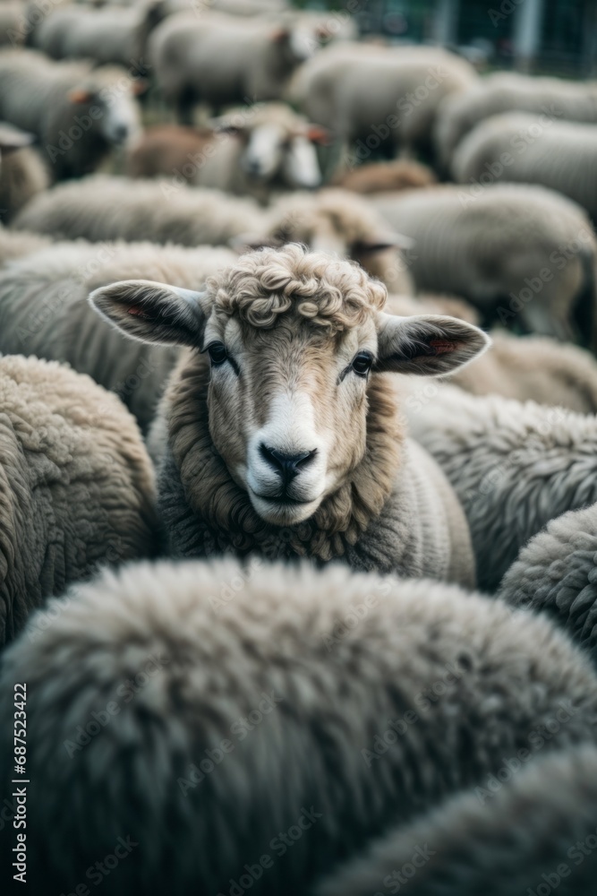 Close-up of a beautiful lamb, sheep looking at the camera on a farm, pasture. Zoo, farming, pets concepts.