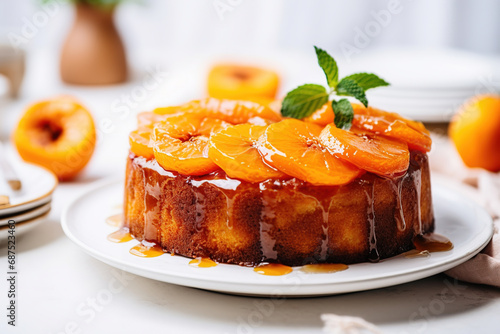 Upside down persimmon cake topped with sliced persimmons, served on a large white platter