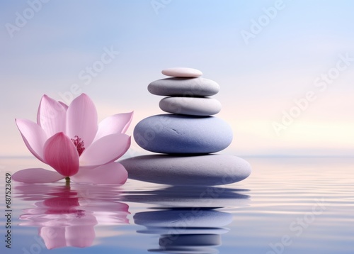 Spa still life in Zen culture style with pink flower and clam blue water and clear sky background.