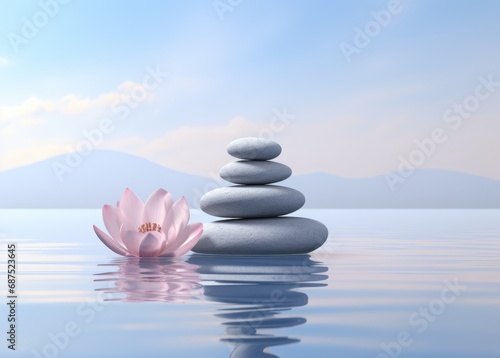 Spa still life in Zen culture style with pink flower and clam blue water and clear sky background.