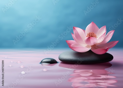 Spa still life in Zen culture style with pink flower and clam blue water and white sand background.