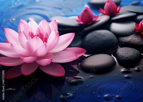 Spa still life in Zen culture style with pink flower and clam blue water and white sand background.