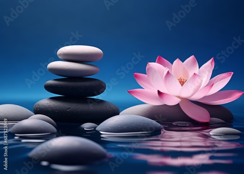 Spa still life in Zen culture style with pink flower and clam blue water and white sand background.